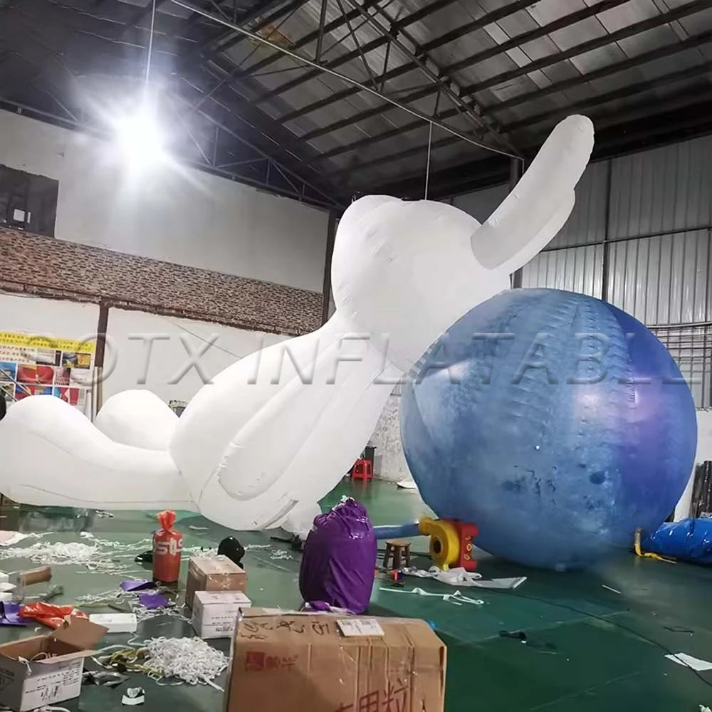 Festival Decoration White Lying Inflatable Rabbit With Moon Ball And LED Lights Giant Easter Bunny Balloon For Mid-Autumn