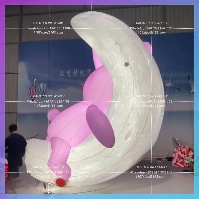 Festival shopping mall atrium Inflatable cartoon Pink Rabbit Moon Model mid-autumn hanging gas model lighting atmosphere props