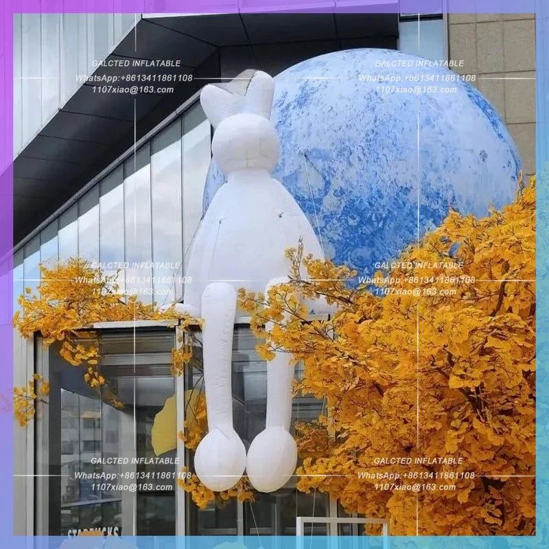 White Rabbit Moon Model Inflatable cartoon sitting on a Space Planet mid-autumn Festival bar stage concert lighting props