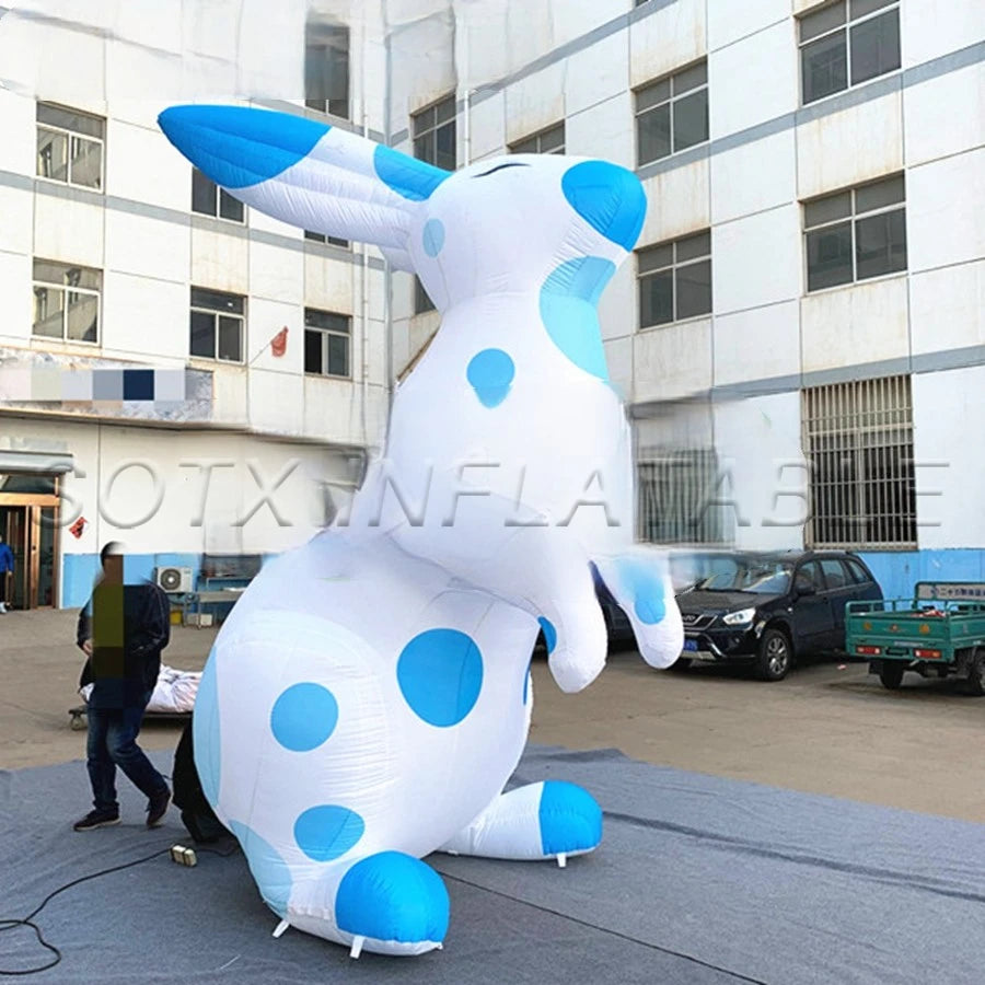 for Advertisement New Style Inflatable Easter Decoration "White Rabbit with Blue Round Spots" Inflatable Rabbit Model Decoration