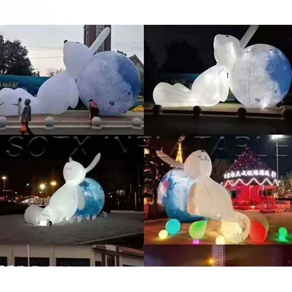Festival Decoration White Lying Inflatable Rabbit With Moon Ball And LED Lights Giant Easter Bunny Balloon For Mid-Autumn