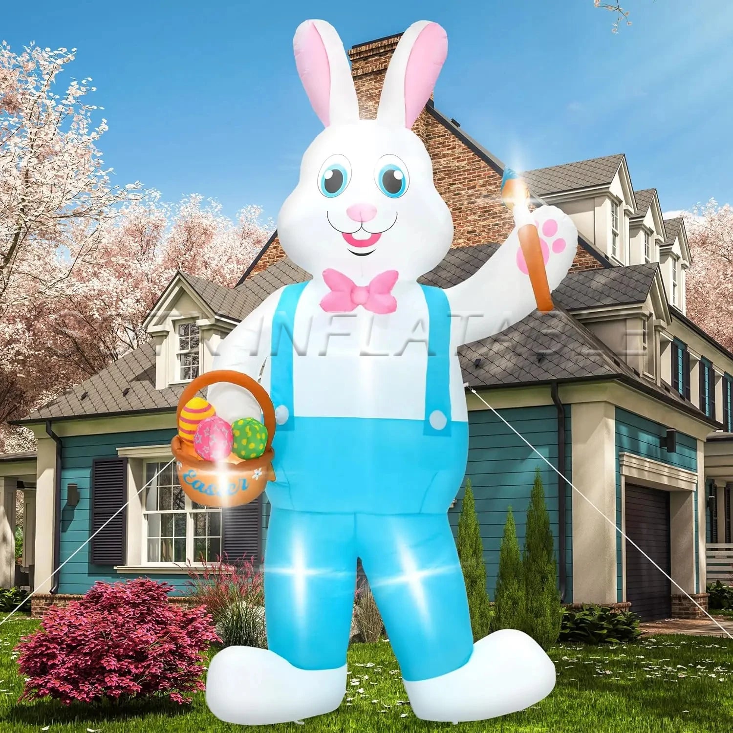 Outdoor Festival Decoration 6m Tall Inflatables Easter Bunny Giant Bunny Mascot With Eggs Easter Blow Up LED Lighted Rabbit For