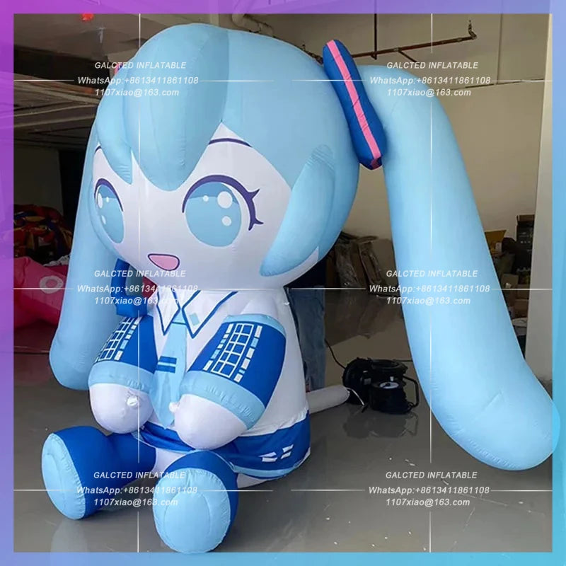 blue long hair double ponytail Inflatable seated blue anime girl model concert stage ambience lighting arrangement