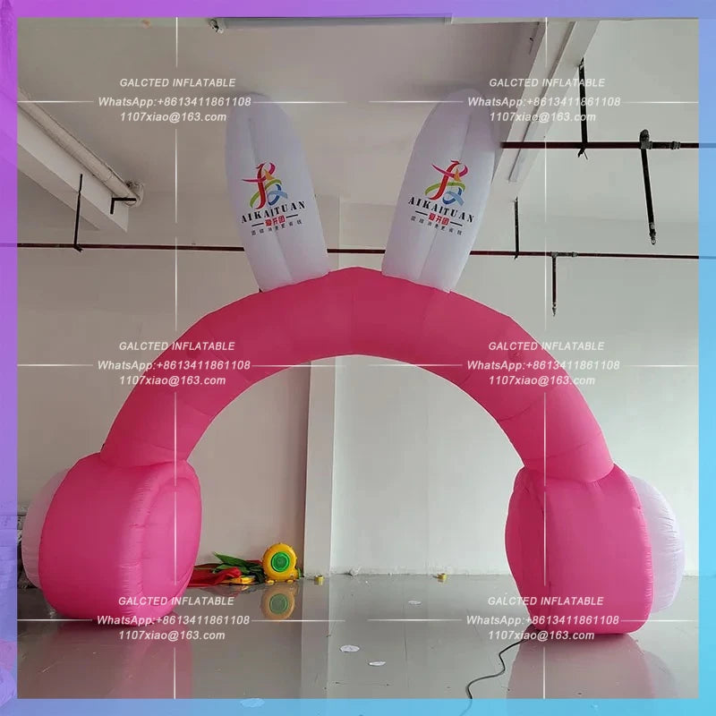 ear wearing earphone arch air mold  Inflatable cartoon cute pink rabbit opening ceremony drainage door head creative props