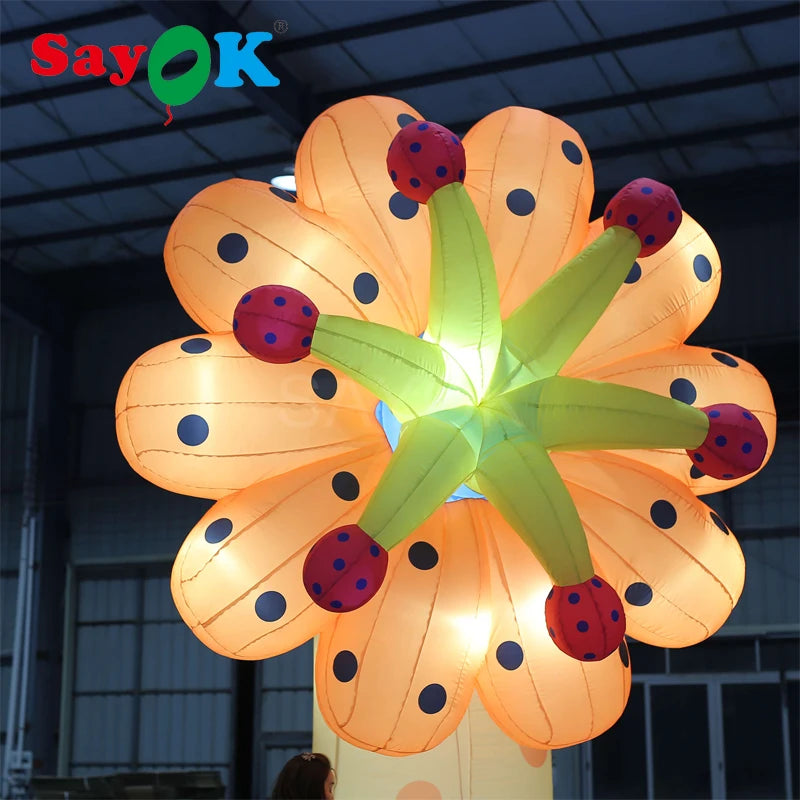 4m H Inflatable Yellow Flower Lighting Flower Decoration with White Lights for Christmas/Halloween/Party/Events Decoration