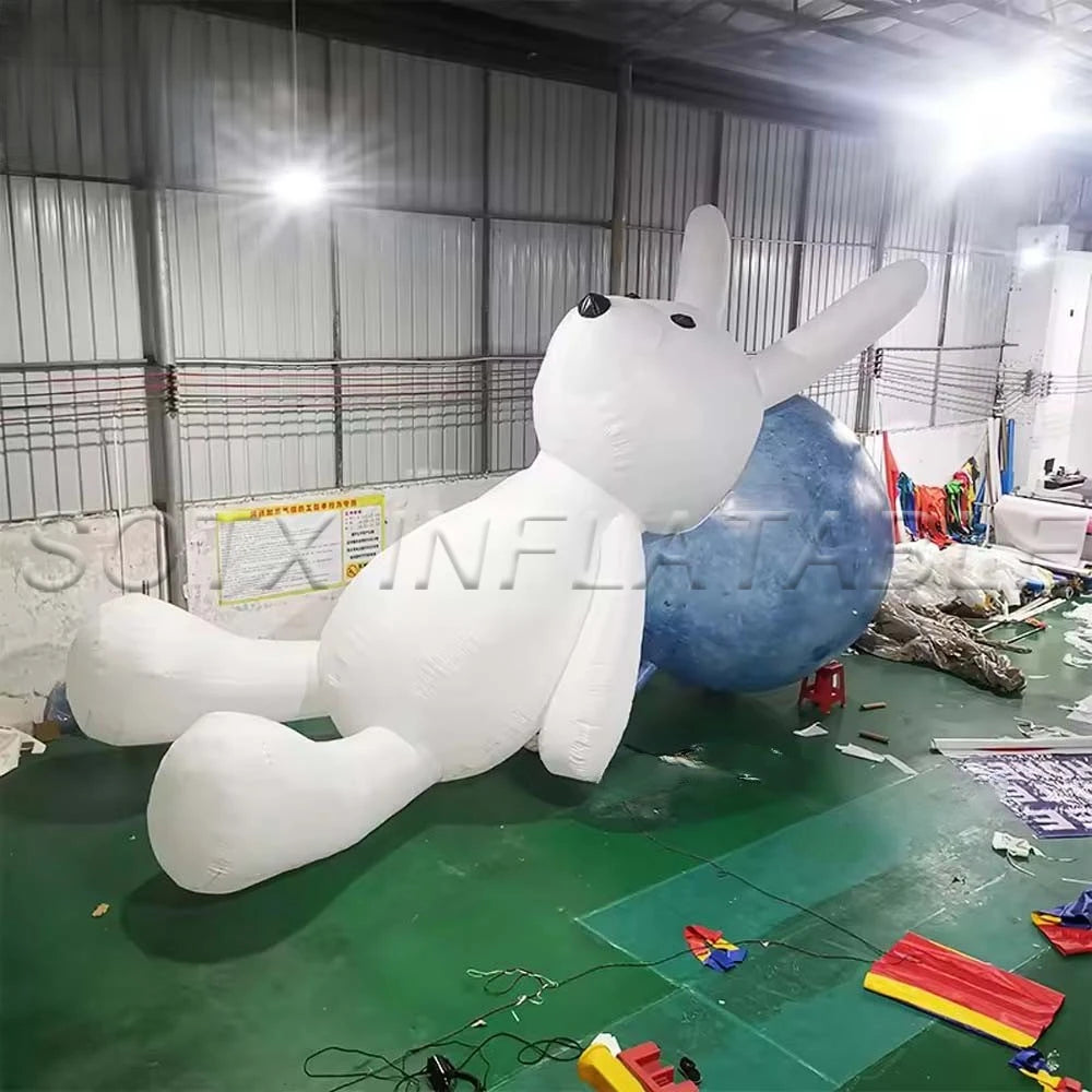 Festival Decoration White Lying Inflatable Rabbit With Moon Ball And LED Lights Giant Easter Bunny Balloon For Mid-Autumn