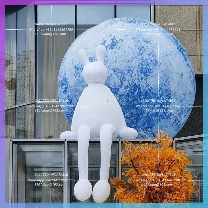 White Rabbit Moon Model Inflatable cartoon sitting on a Space Planet mid-autumn Festival bar stage concert lighting props