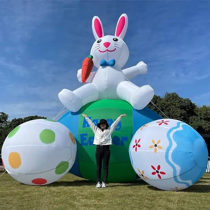 Outdoor Festival Decoration 6m Tall Inflatables Easter Bunny Giant Bunny Mascot With Eggs Easter Blow Up LED Lighted Rabbit For