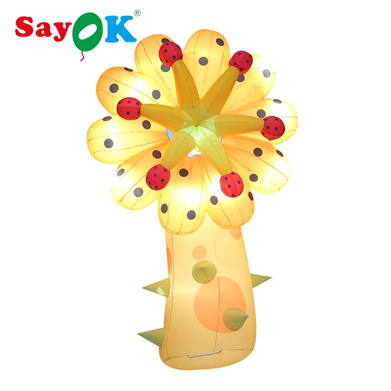 4m H Inflatable Yellow Flower Lighting Flower Decoration with White Lights for Christmas/Halloween/Party/Events Decoration
