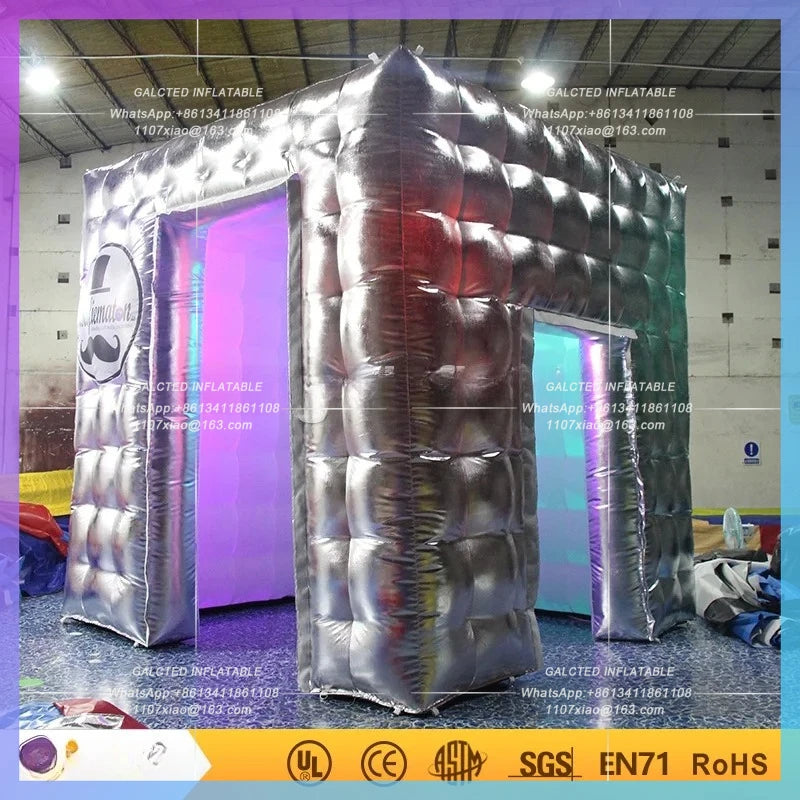 Inflatable Photo Booth Tent Silver Color Photo Booth High Quality 2.4X2.4X2.4 Meters LED Lighting  For Wedding Party Toy Tents