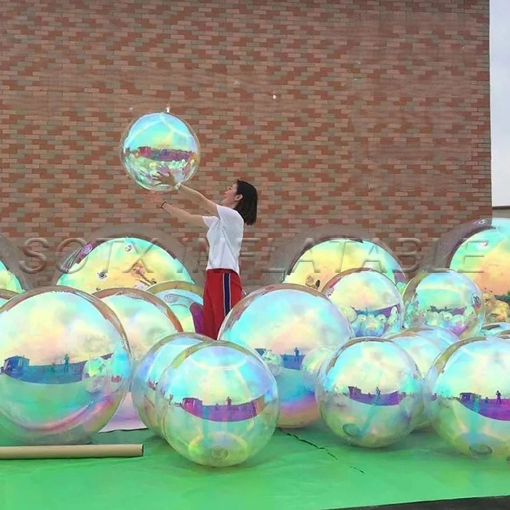 Party DecorationIridescent Silver Inflatable Mirror Ball Set Reusable Mirror Sphere Rainbow Big Shinny Bubble Balloons Hanging