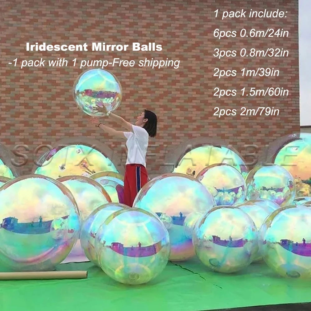Party Decoration Iridescent Inflatable Mirror Ball Set Reusable Mirror Sphere Rainbow Big Shinny Bubble Balloons Hanging