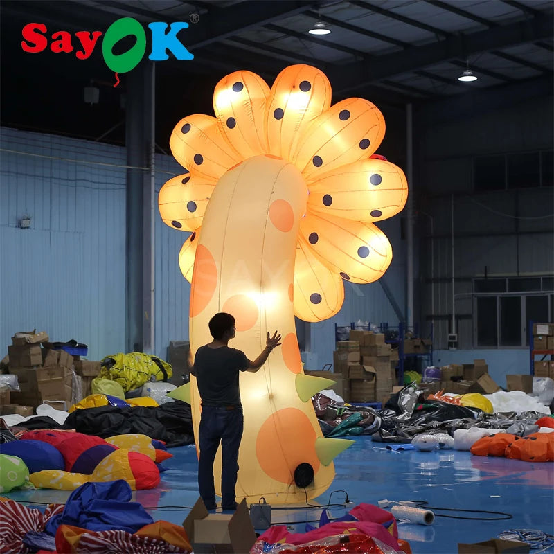 4m H Inflatable Yellow Flower Lighting Flower Decoration with White Lights for Christmas/Halloween/Party/Events Decoration