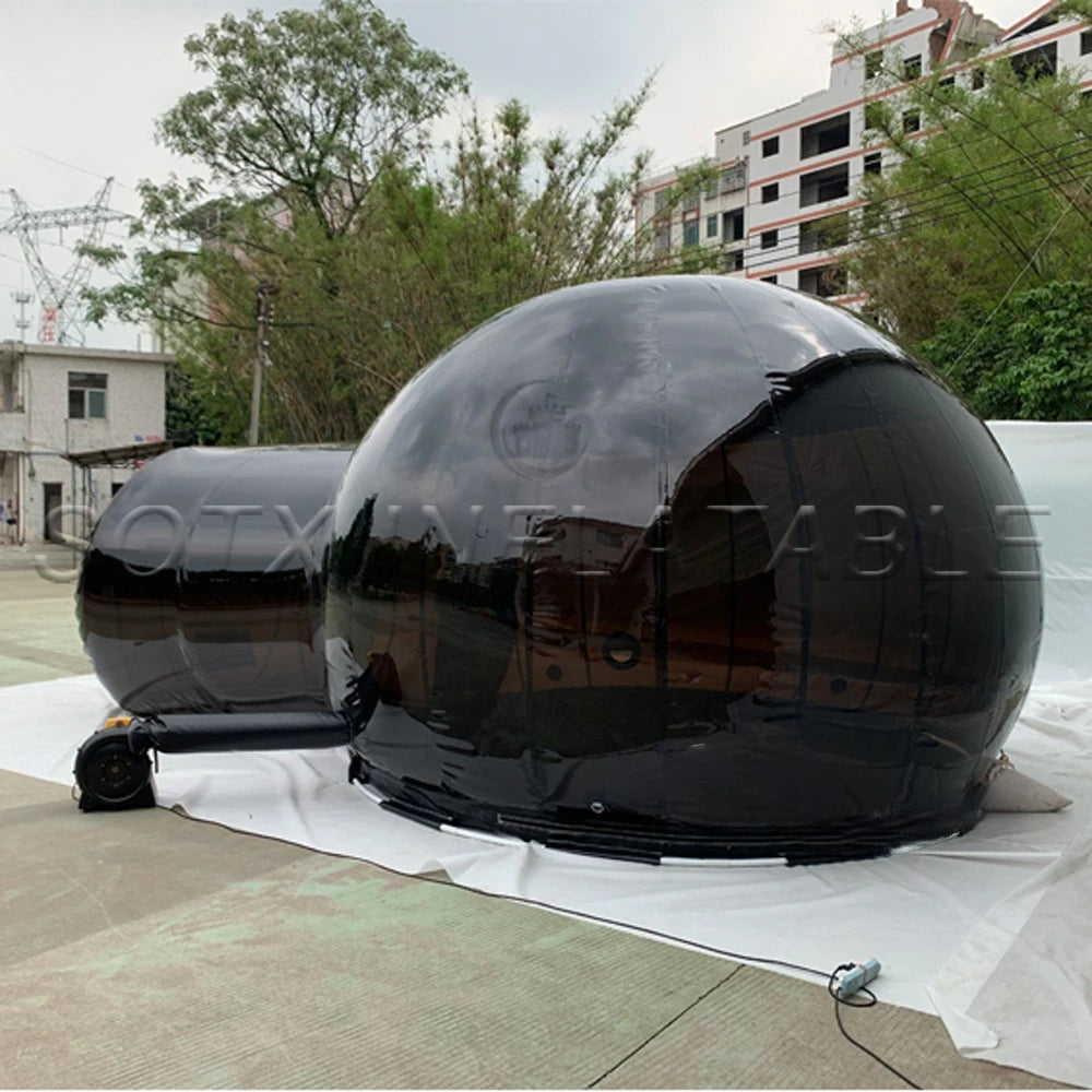 Free Air Blower Beautiful 5m Inflatable Bubble Tent With Tunnel Black Transparent Clear Dome Hotel For Outdoor Camping
