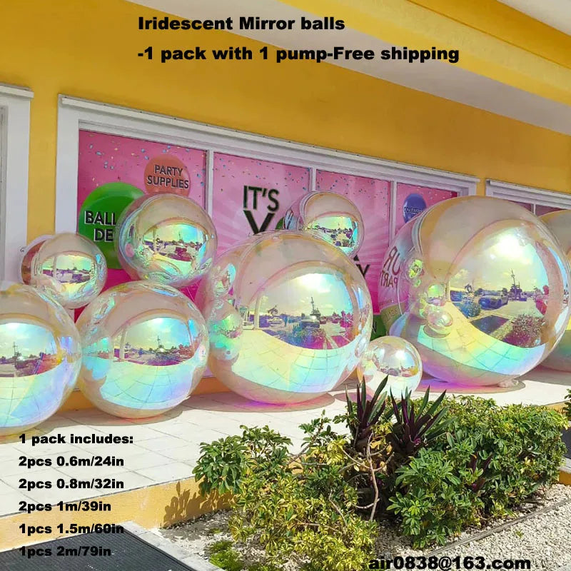 Party Decoration Iridescent Inflatable Mirror Ball Set Reusable Mirror Sphere Rainbow Big Shinny Bubble Balloons Hanging