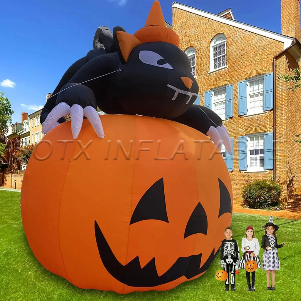 Event Halloween Decoration Giant Halloween Inflatable Pumpkin With Black Cat And Led Lights Large Blow Ups For Community Party