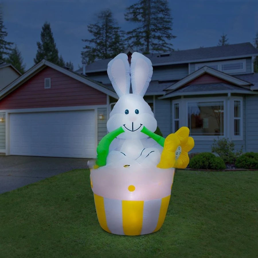 Yard Decoration Inflatable Rabbit Sit on Basket with Led Lights for Easter Bunny