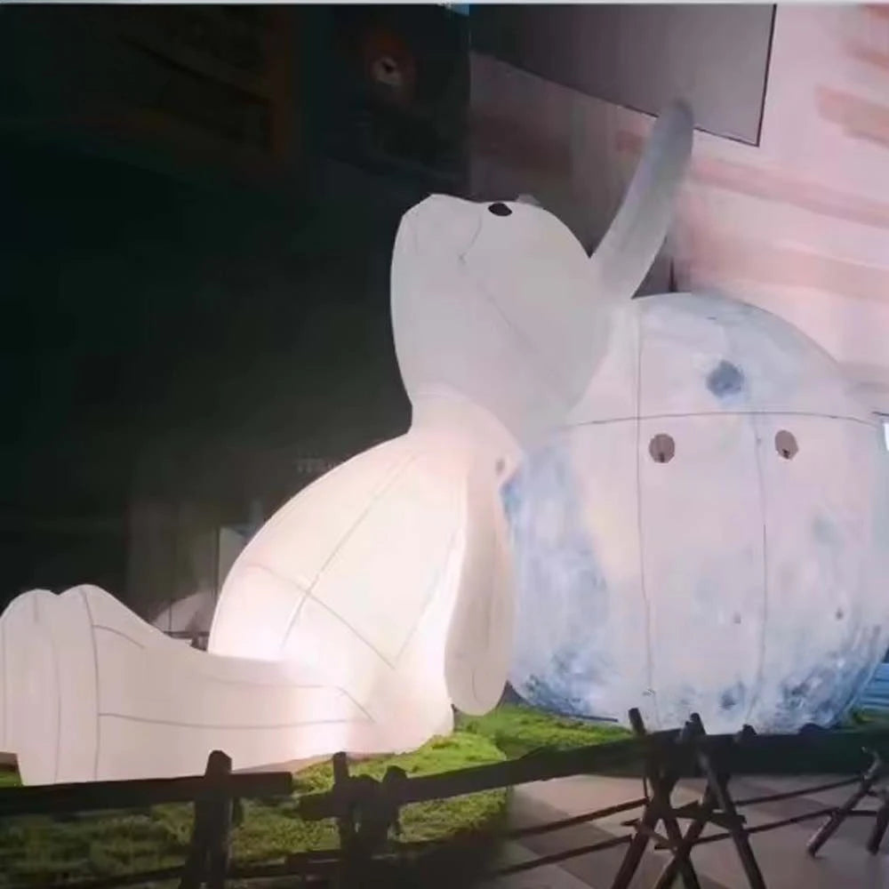 Festival Decoration White Lying Inflatable Rabbit With Moon Ball And LED Lights Giant Easter Bunny Balloon For Mid-Autumn