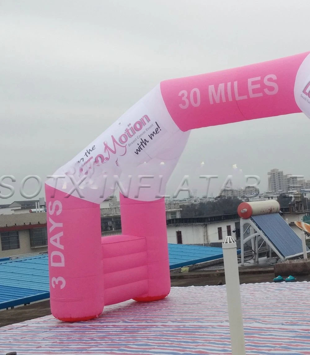 white and pink inflatable race event arch with logo for important activities