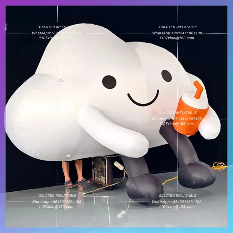 model hand coffee cup milk tea cup Inflatable cartoon sitting on the ground cloud  opening advertisement