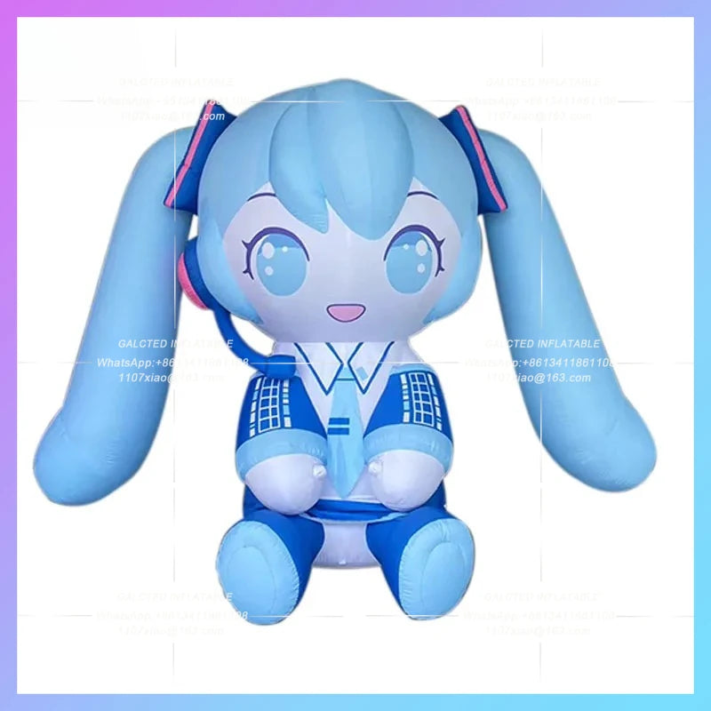blue long hair double ponytail Inflatable seated blue anime girl model concert stage ambience lighting arrangement
