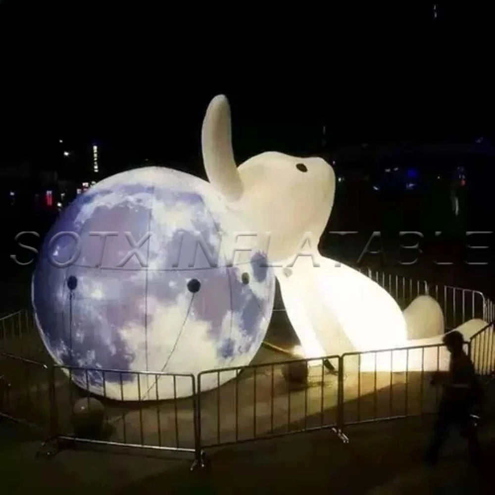 Festival Decoration White Lying Inflatable Rabbit With Moon Ball And LED Lights Giant Easter Bunny Balloon For Mid-Autumn
