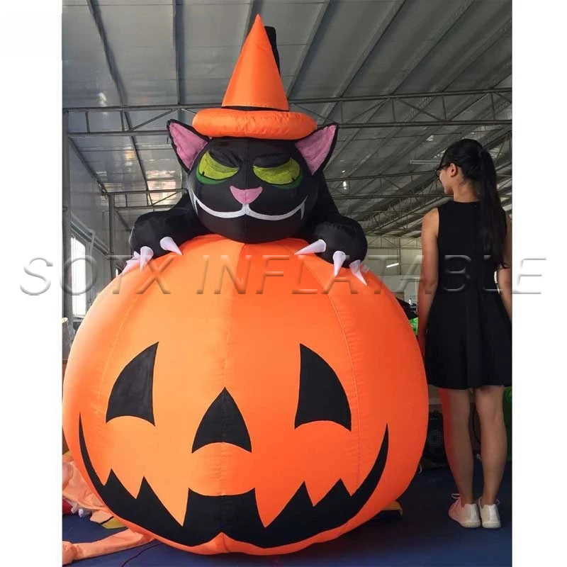 Yard Party Decoration 2m Tall Inflatable Pumpkin Decoration Halloween Pumpkin with Cat Model Ornament for Home Halloween
