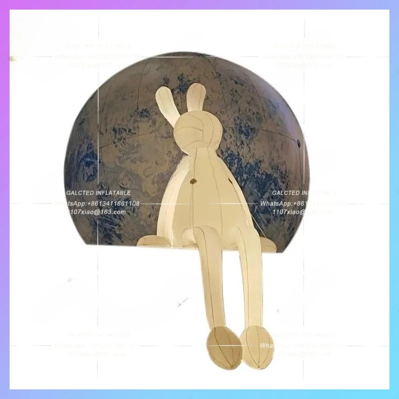 White Rabbit Moon Model Inflatable cartoon sitting on a Space Planet mid-autumn Festival bar stage concert lighting props