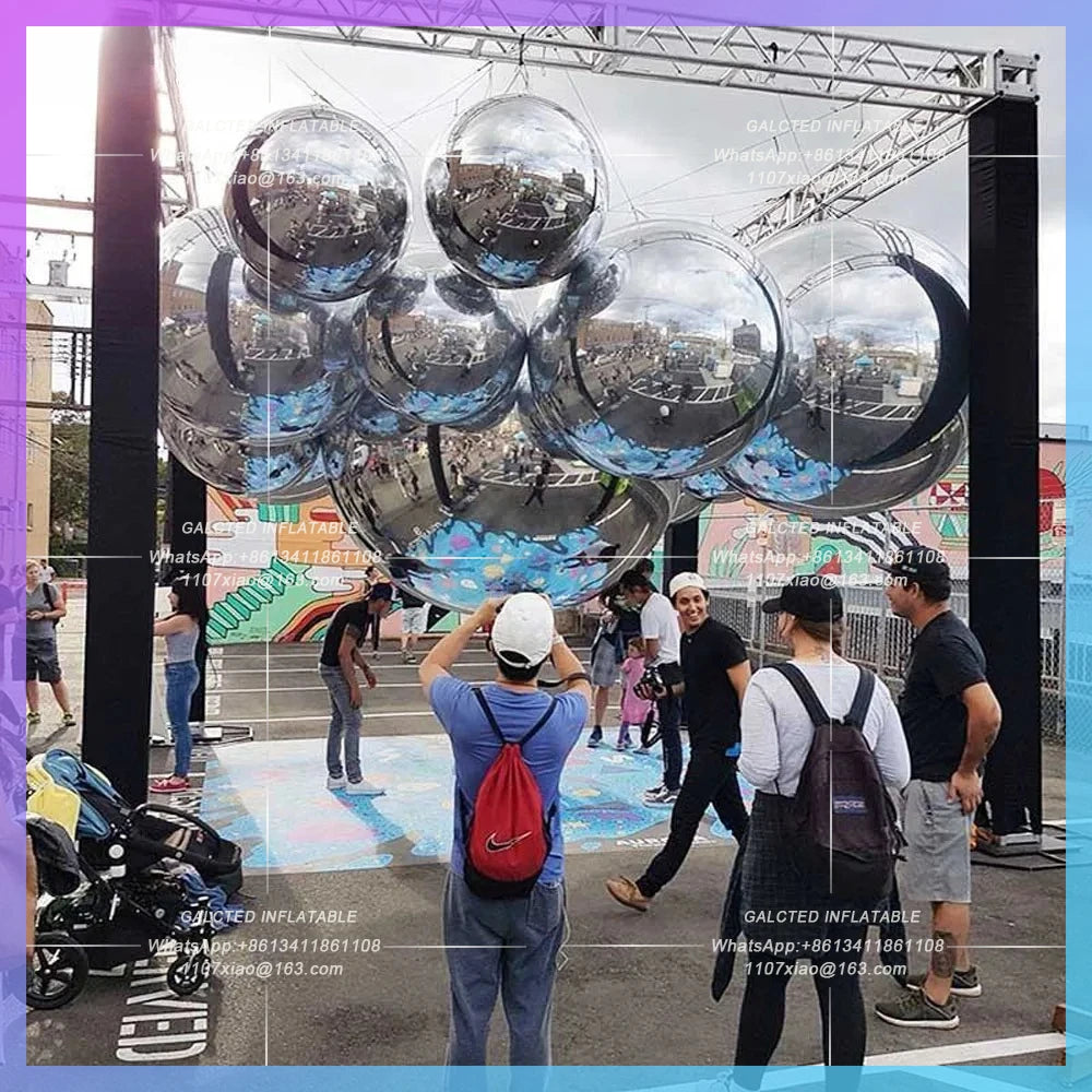 Inflatable Disco Mirror Ball Silvery Mirror Giant Double Layer PVC Hanging  Reflective Sphere Balloon For Event Decoration