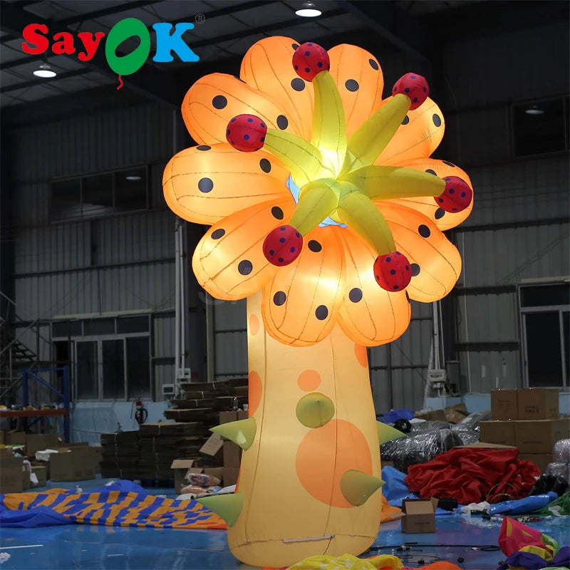4m H Inflatable Yellow Flower Lighting Flower Decoration with White Lights for Christmas/Halloween/Party/Events Decoration