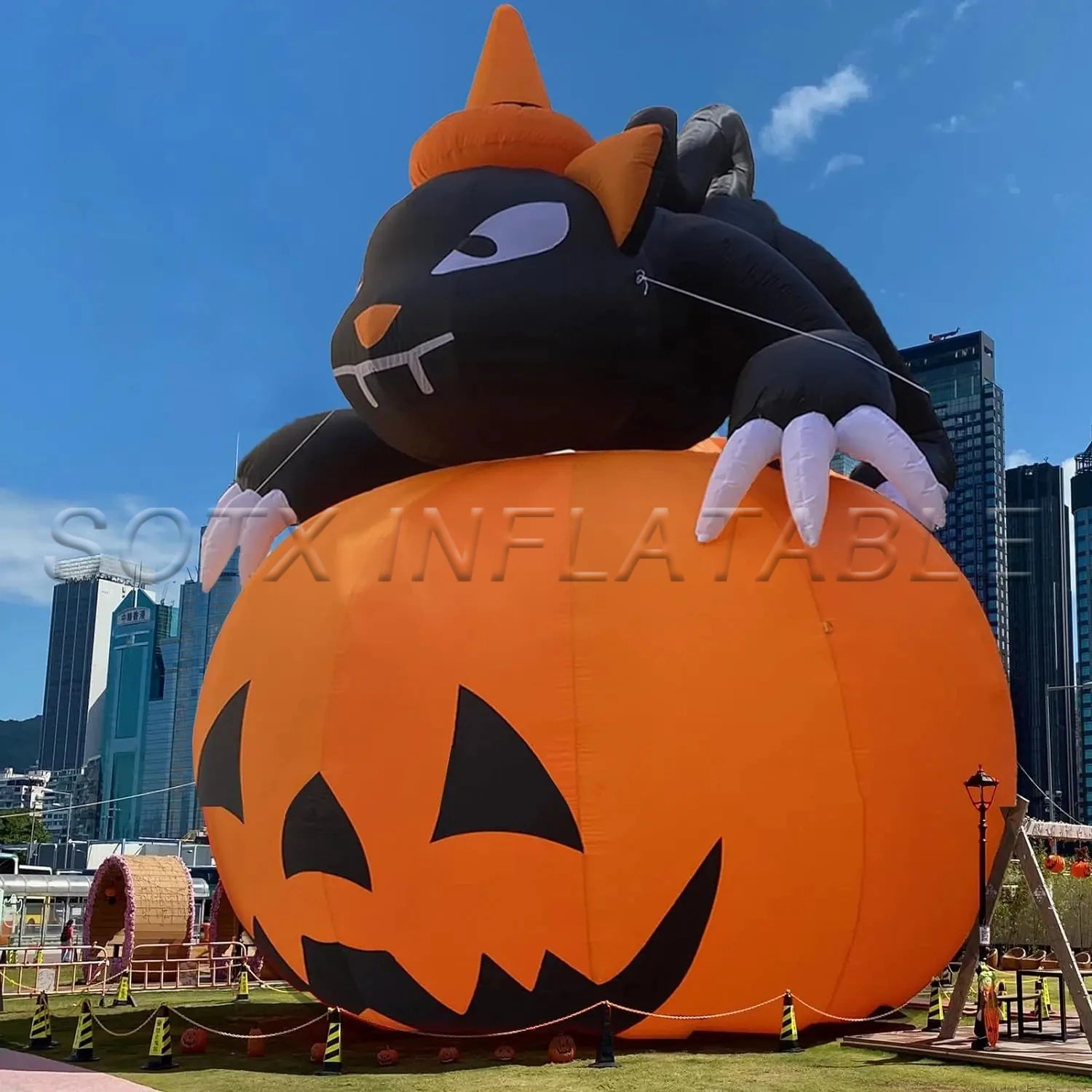 Event Halloween Decoration Giant Halloween Inflatable Pumpkin With Black Cat And Led Lights Large Blow Ups For Community Party