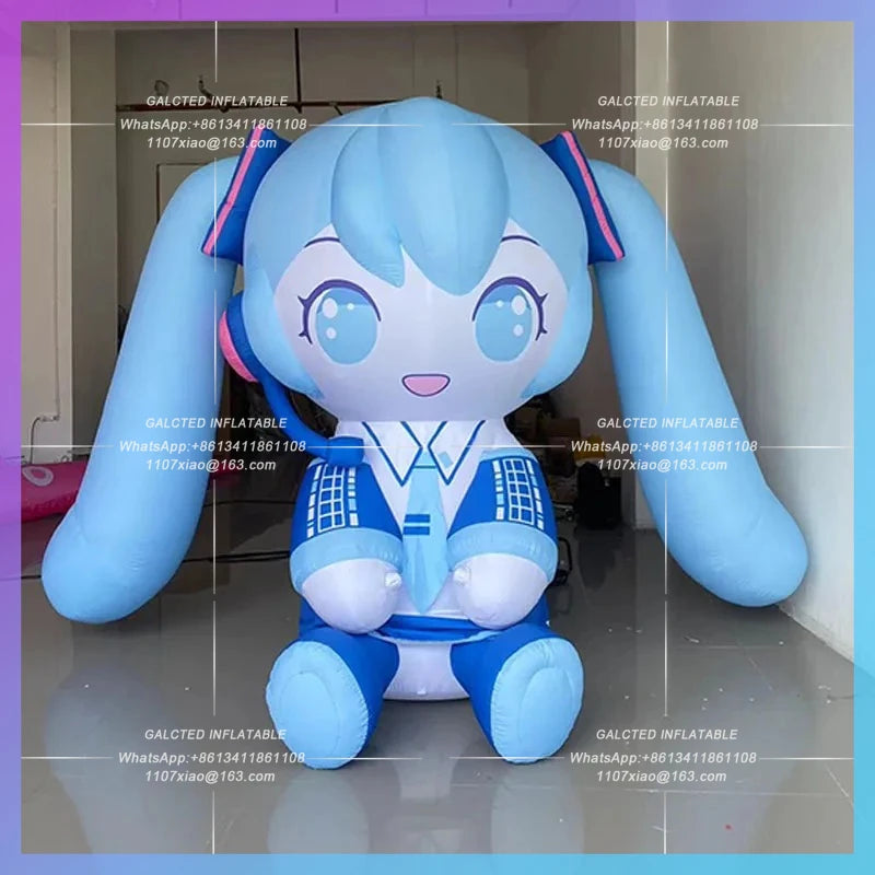 blue long hair double ponytail Inflatable seated blue anime girl model concert stage ambience lighting arrangement