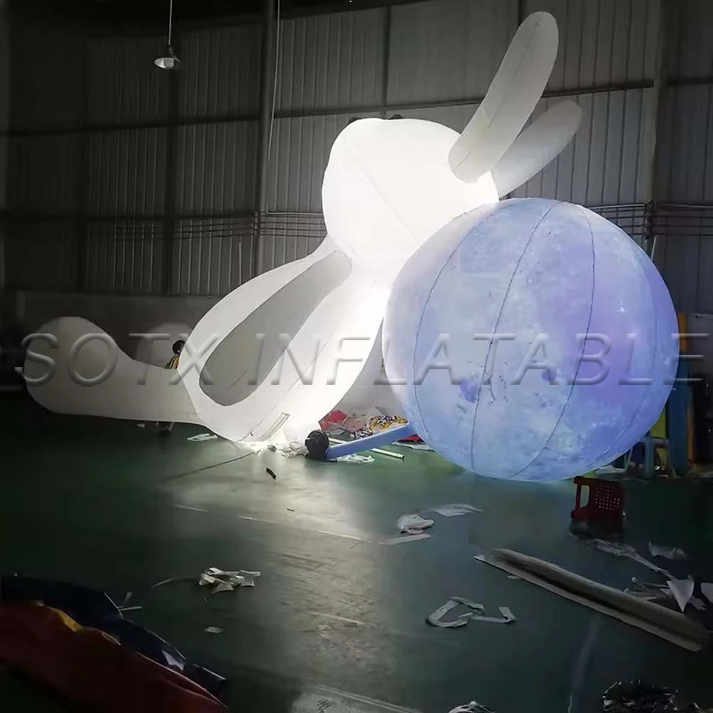 Festival Decoration White Lying Inflatable Rabbit With Moon Ball And LED Lights Giant Easter Bunny Balloon For Mid-Autumn