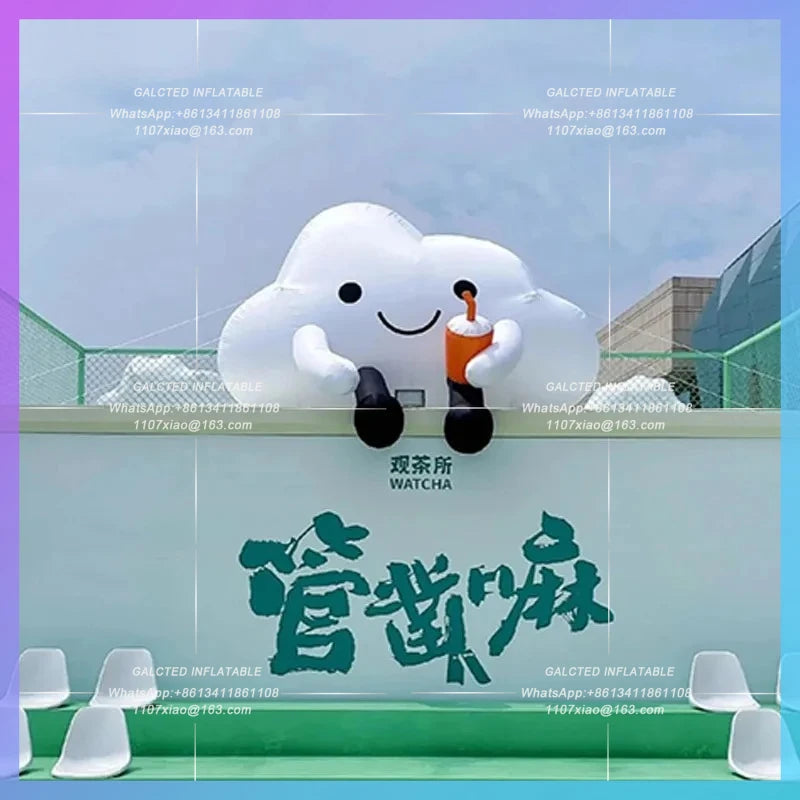 model hand coffee cup milk tea cup Inflatable cartoon sitting on the ground cloud  opening advertisement