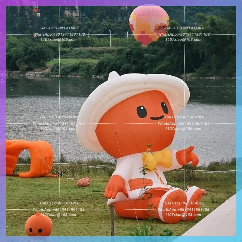 oxford cloth custom logo 4 meter orange inflatable cartoon man hat doll size amusement park advertising