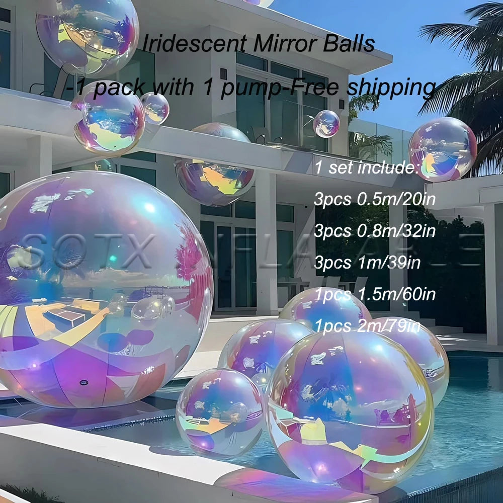 Party Decoration Iridescent Inflatable Mirror Ball Set Reusable Mirror Sphere Rainbow Big Shinny Bubble Balloons Hanging