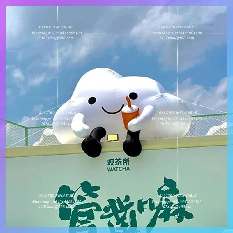 model hand coffee cup milk tea cup Inflatable cartoon sitting on the ground cloud  opening advertisement