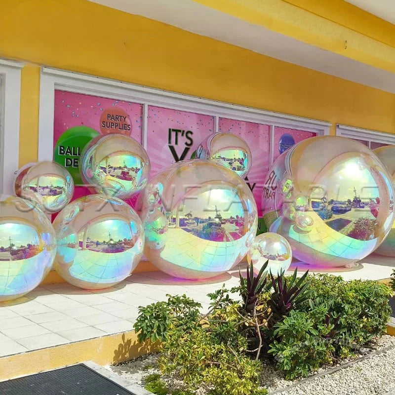 Party DecorationIridescent Silver Inflatable Mirror Ball Set Reusable Mirror Sphere Rainbow Big Shinny Bubble Balloons Hanging