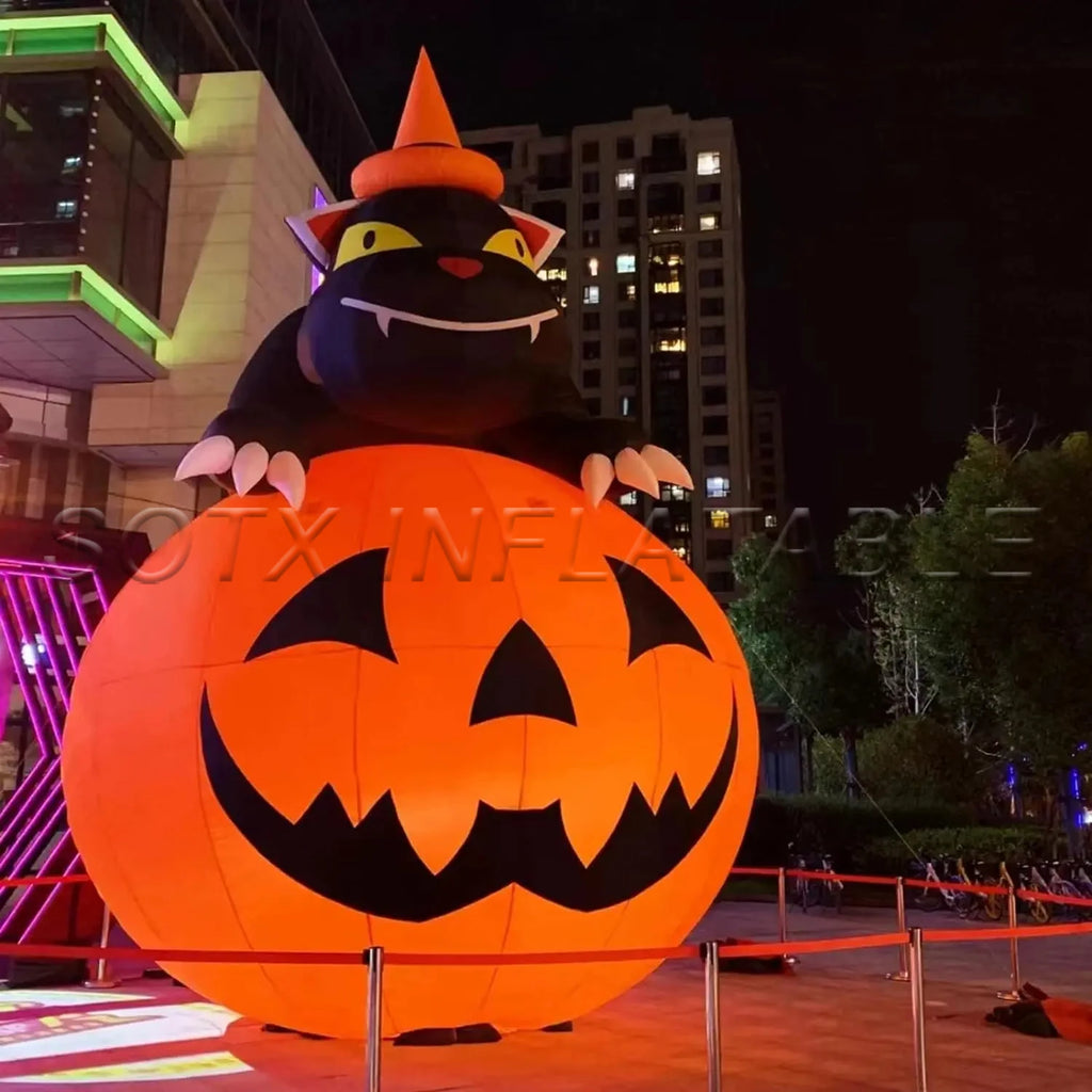 Event Halloween Decoration Giant Halloween Inflatable Pumpkin With Black Cat And Led Lights Large Blow Ups For Community Party