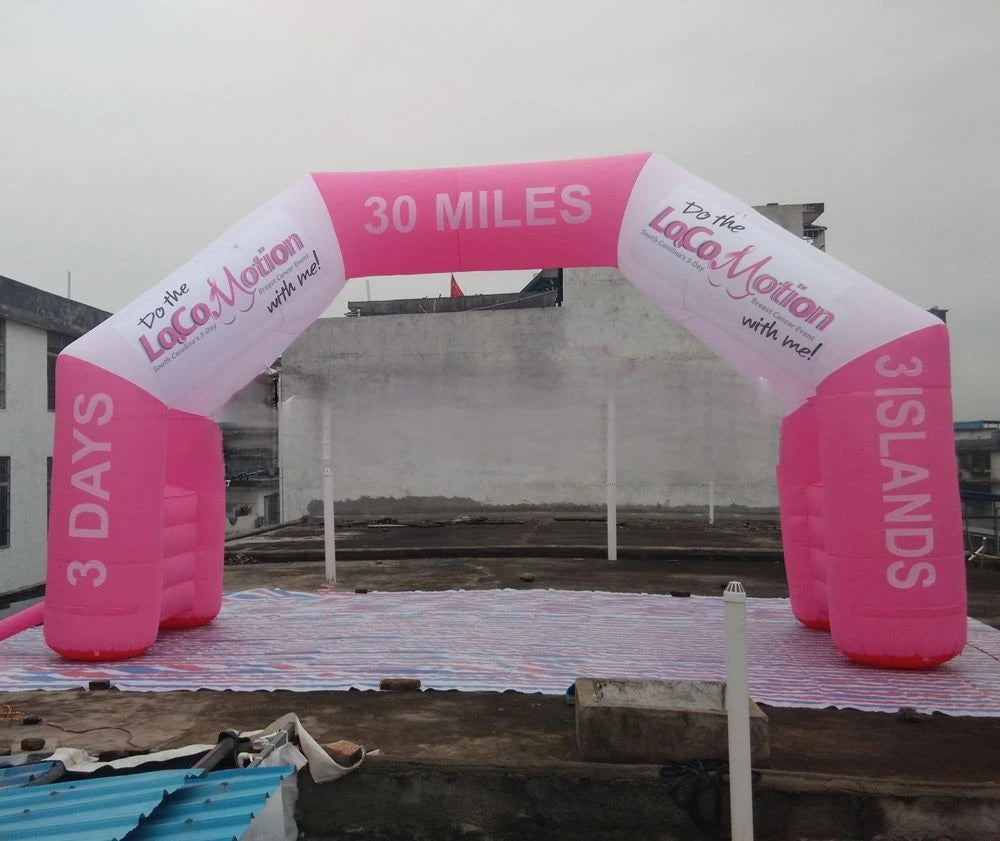 white and pink inflatable race event arch with logo for important activities