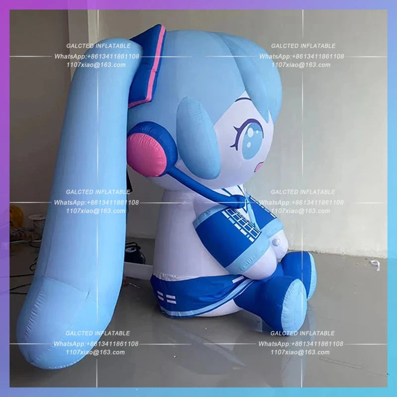 blue long hair double ponytail Inflatable seated blue anime girl model concert stage ambience lighting arrangement