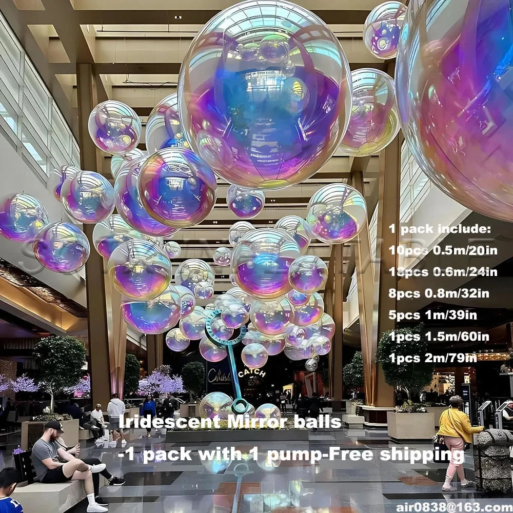 Party Decoration Iridescent Inflatable Mirror Ball Set Reusable Mirror Sphere Rainbow Big Shinny Bubble Balloons Hanging