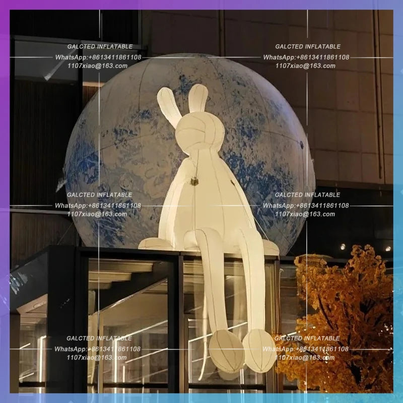 White Rabbit Moon Model Inflatable cartoon sitting on a Space Planet mid-autumn Festival bar stage concert lighting props