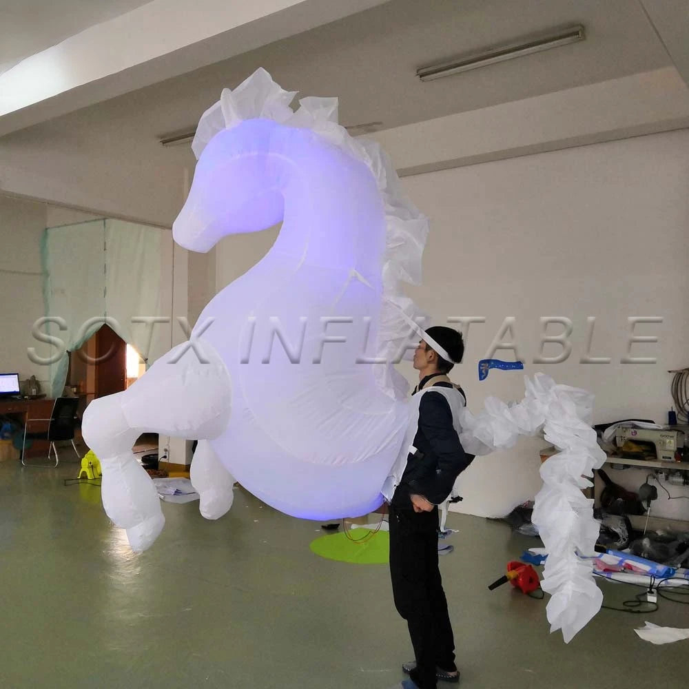 Parade Performance Wholesal Walking 3m White Inflatable Horse Costume With Lights Inflatable Cartoon Mascot Costume For Carnival