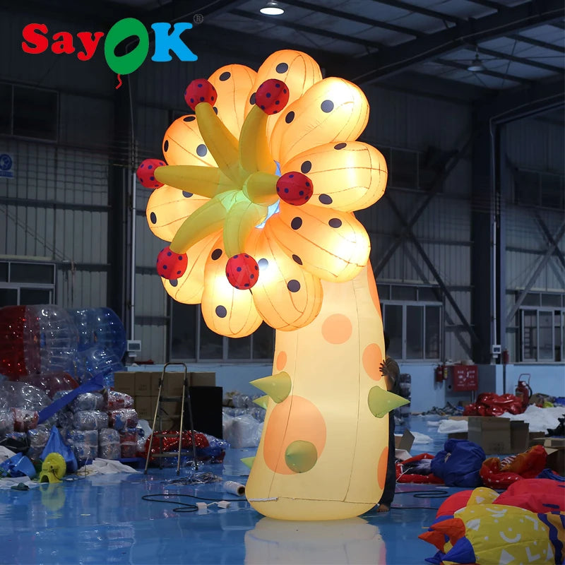 4m H Inflatable Yellow Flower Lighting Flower Decoration with White Lights for Christmas/Halloween/Party/Events Decoration