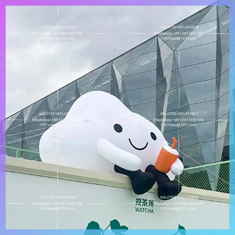 model hand coffee cup milk tea cup Inflatable cartoon sitting on the ground cloud  opening advertisement