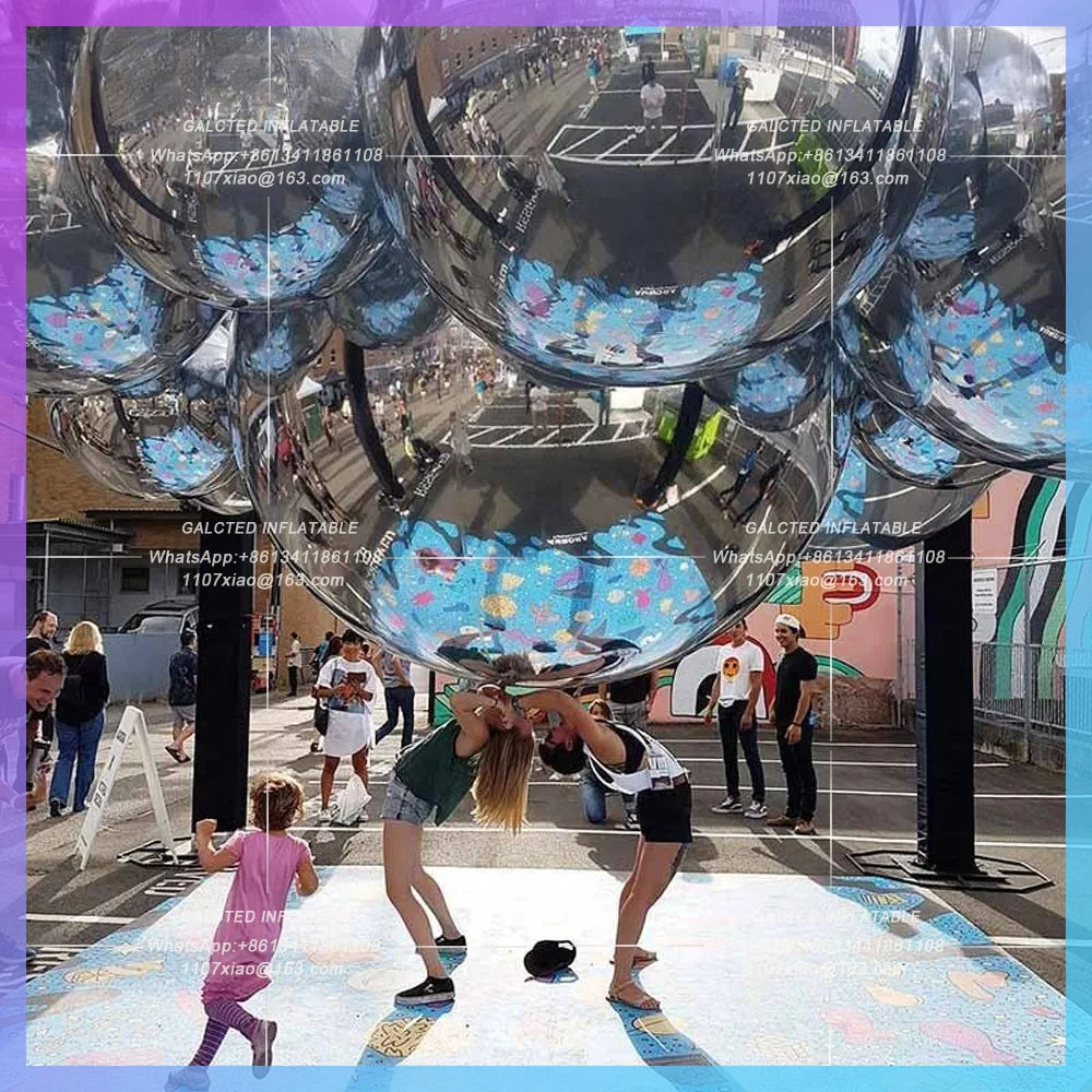 Inflatable Disco Mirror Ball Silvery Mirror Giant Double Layer PVC Hanging  Reflective Sphere Balloon For Event Decoration