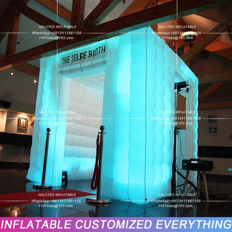 White Inflatable LED Photo Booth Cube Tent  Portable Selfie Cabin with Full Lighting for Event Party Advertising and Weddings