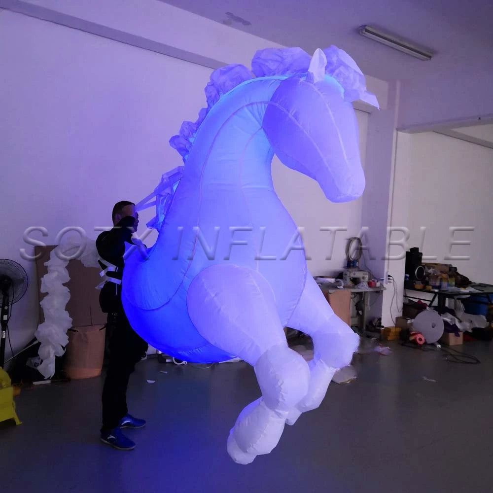 Parade Performance Wholesal Walking 3m White Inflatable Horse Costume With Lights Inflatable Cartoon Mascot Costume For Carnival